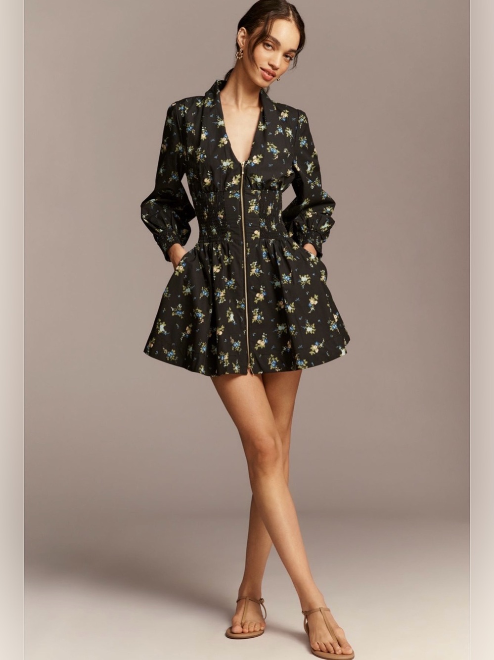 TOMMIE long sleeve smocked front zip mini shirt dress